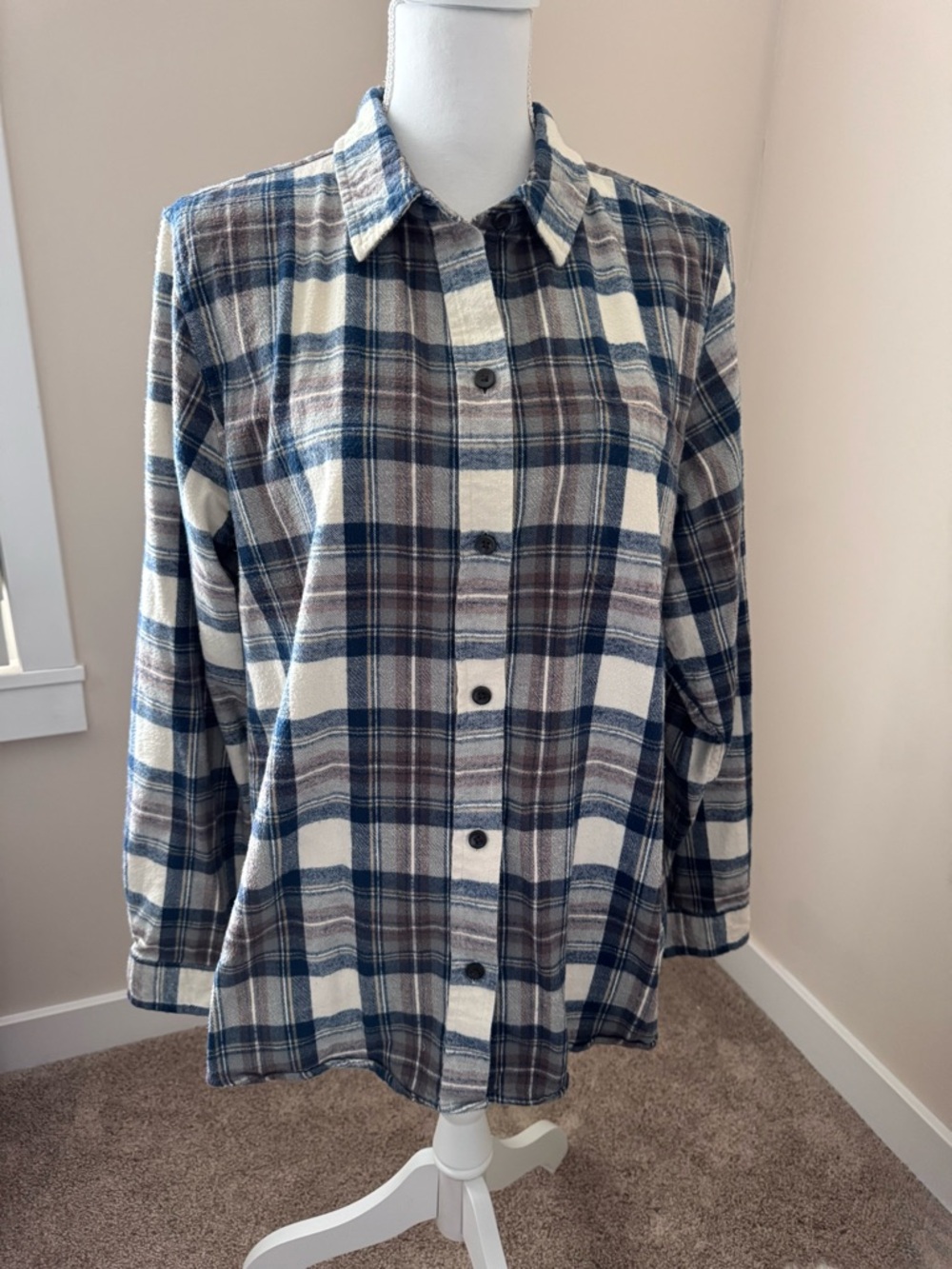LLBean Womens Plaid Button-Up Flannel Shirt in Navy, Brown, and Cream